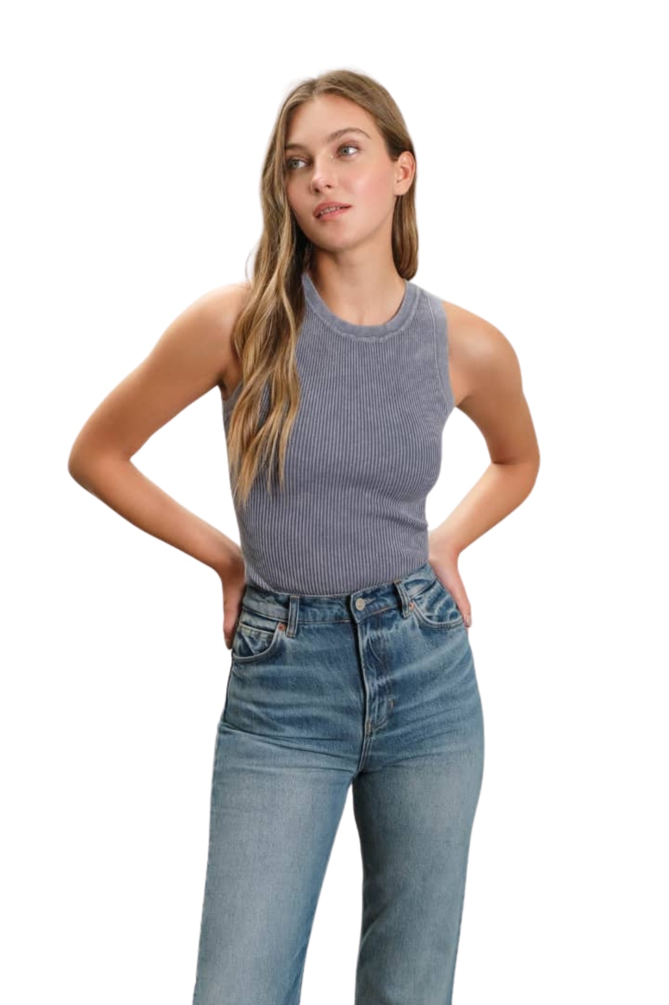 WASHED ROUND NECK SWEATER KNIT TANK TOP