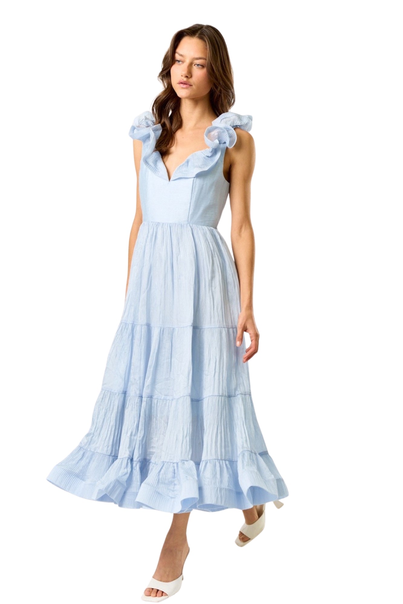 RUFFLE V-NECK SLEEVELESS MIDI DRESS