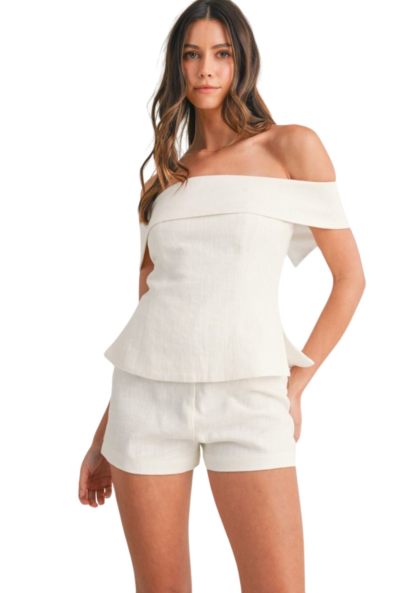 LINEN OFF SHOULDER TUNIC TOP & SHORTS SET