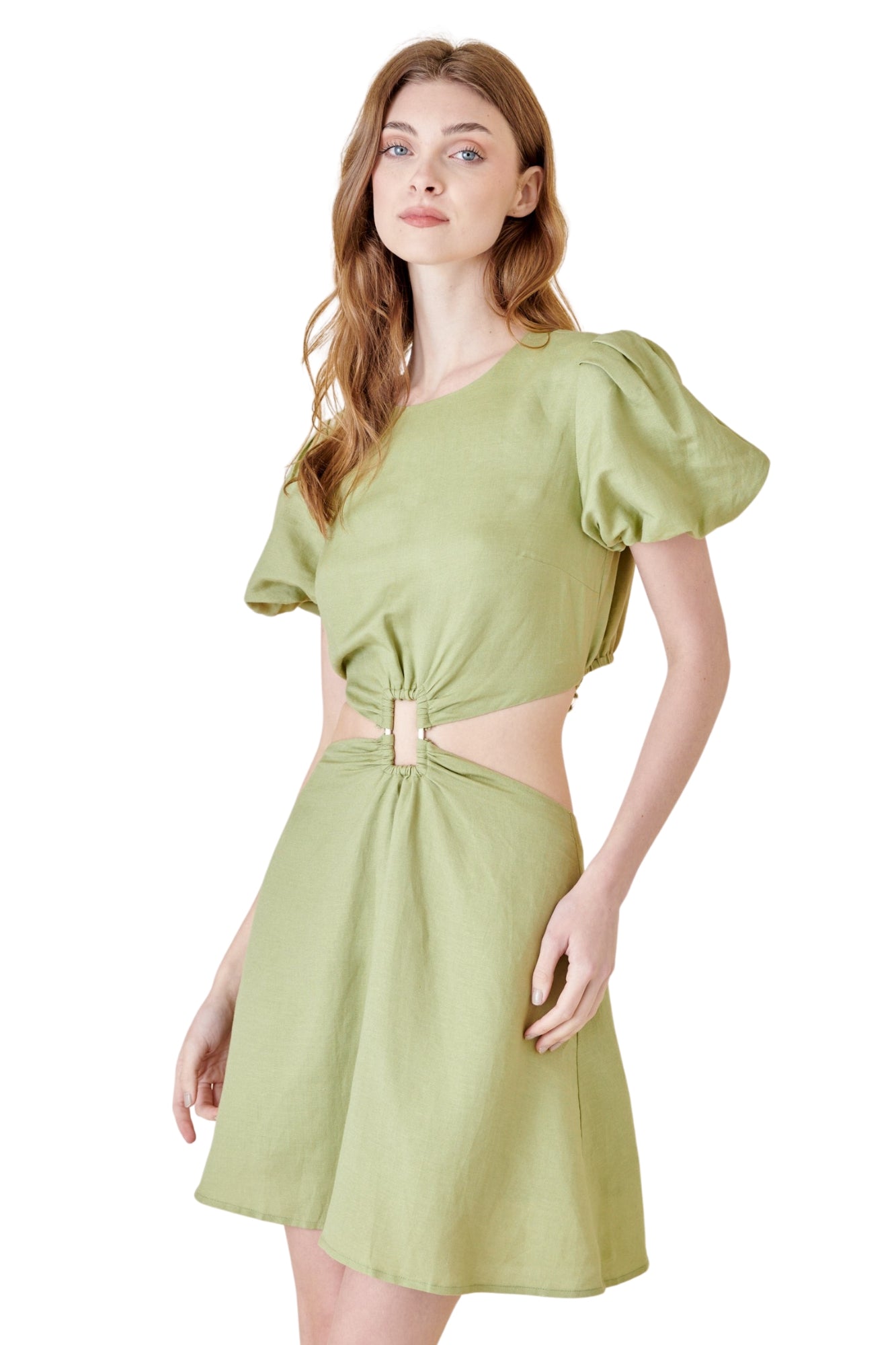 PUFF SLEEEVE CUTOUT MIDRIFF BRAIDED MINI DRESS