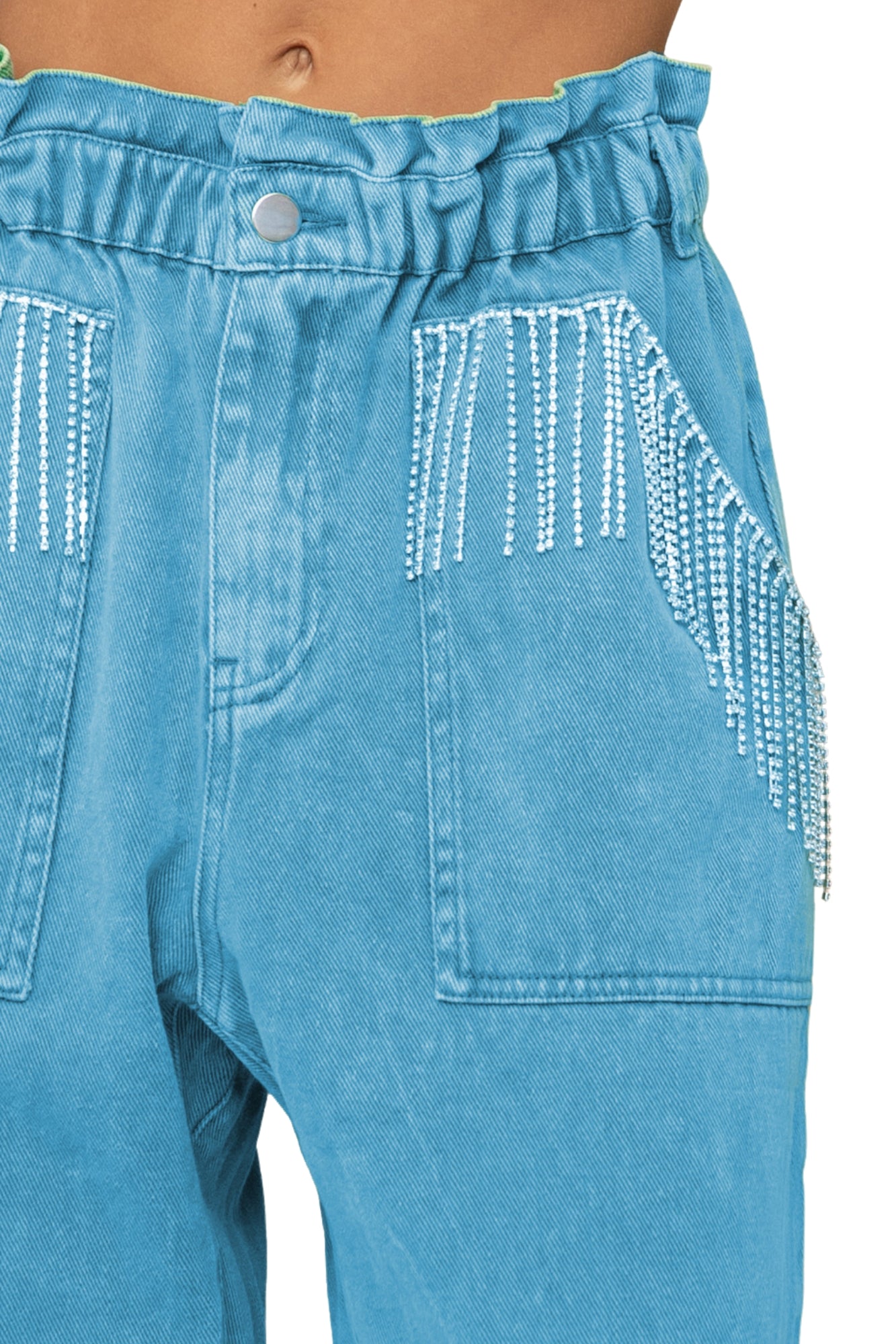 RHINESTONE PAPERBAG DENIM PANTS - BLUE