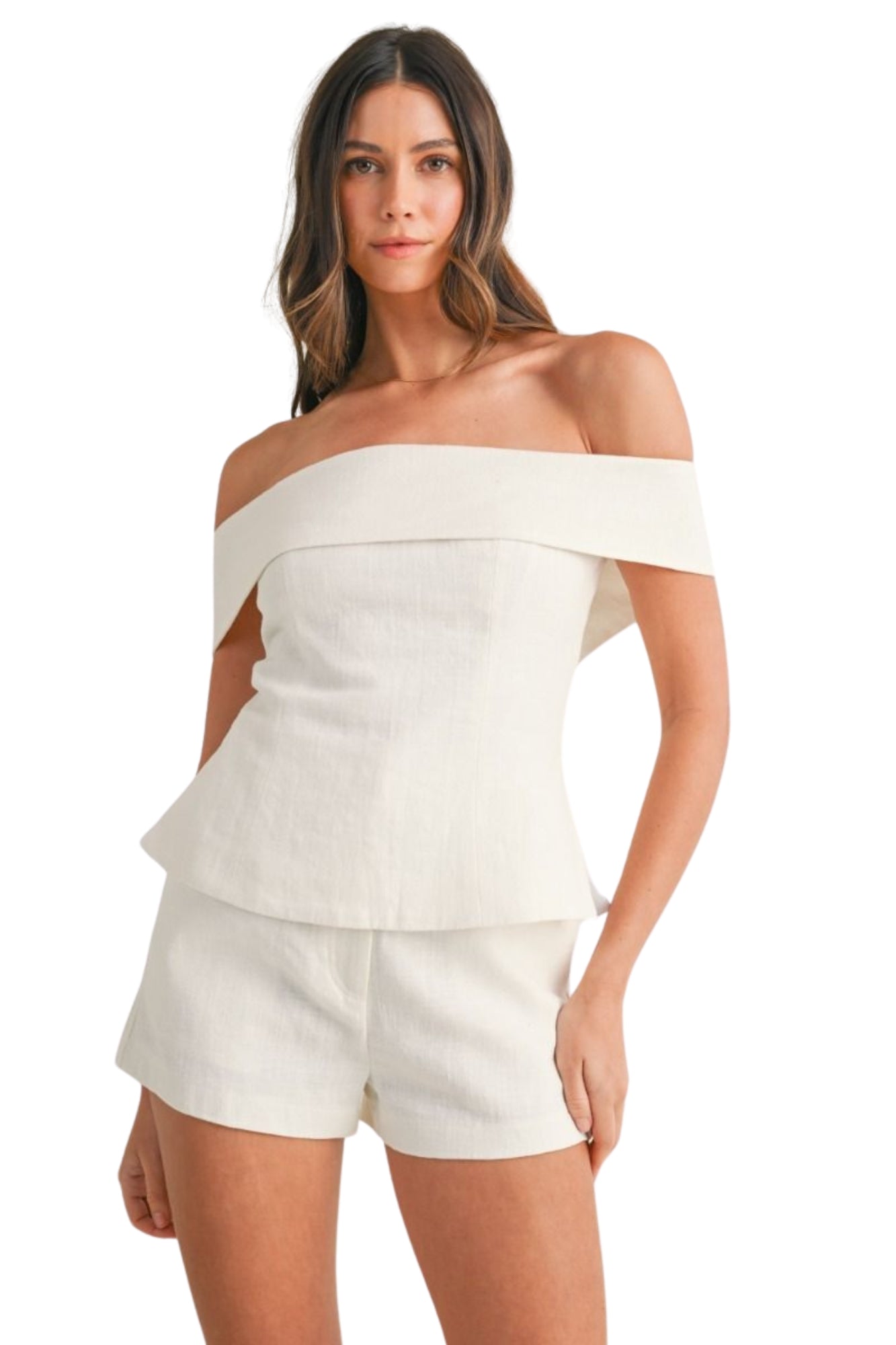 LINEN OFF SHOULDER TUNIC TOP & SHORTS SET