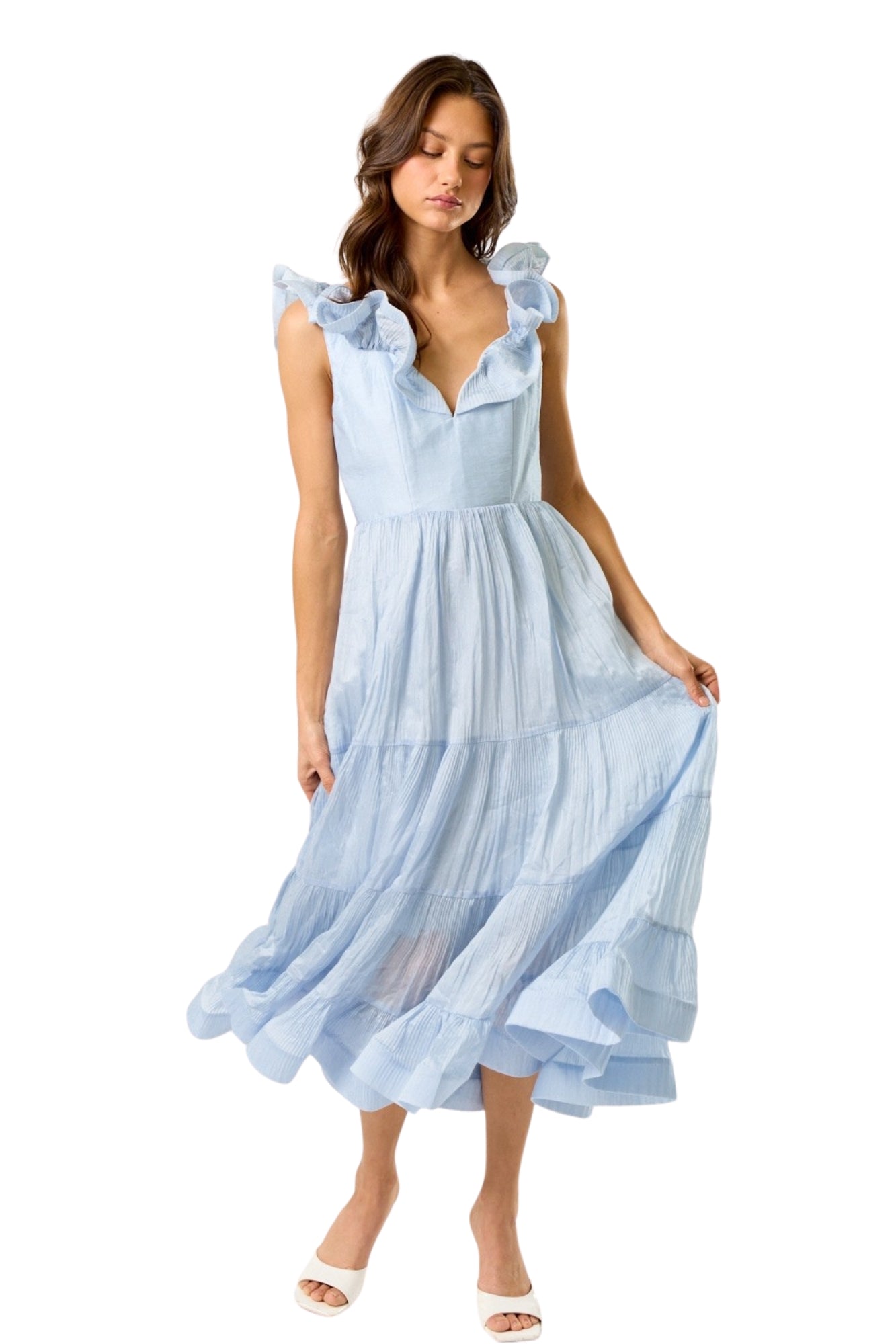 RUFFLE V-NECK SLEEVELESS MIDI DRESS