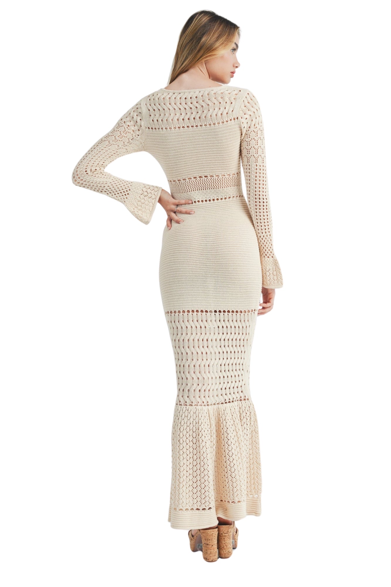 BELL SLEEVE KNIT CROCHET MAXI DRESS