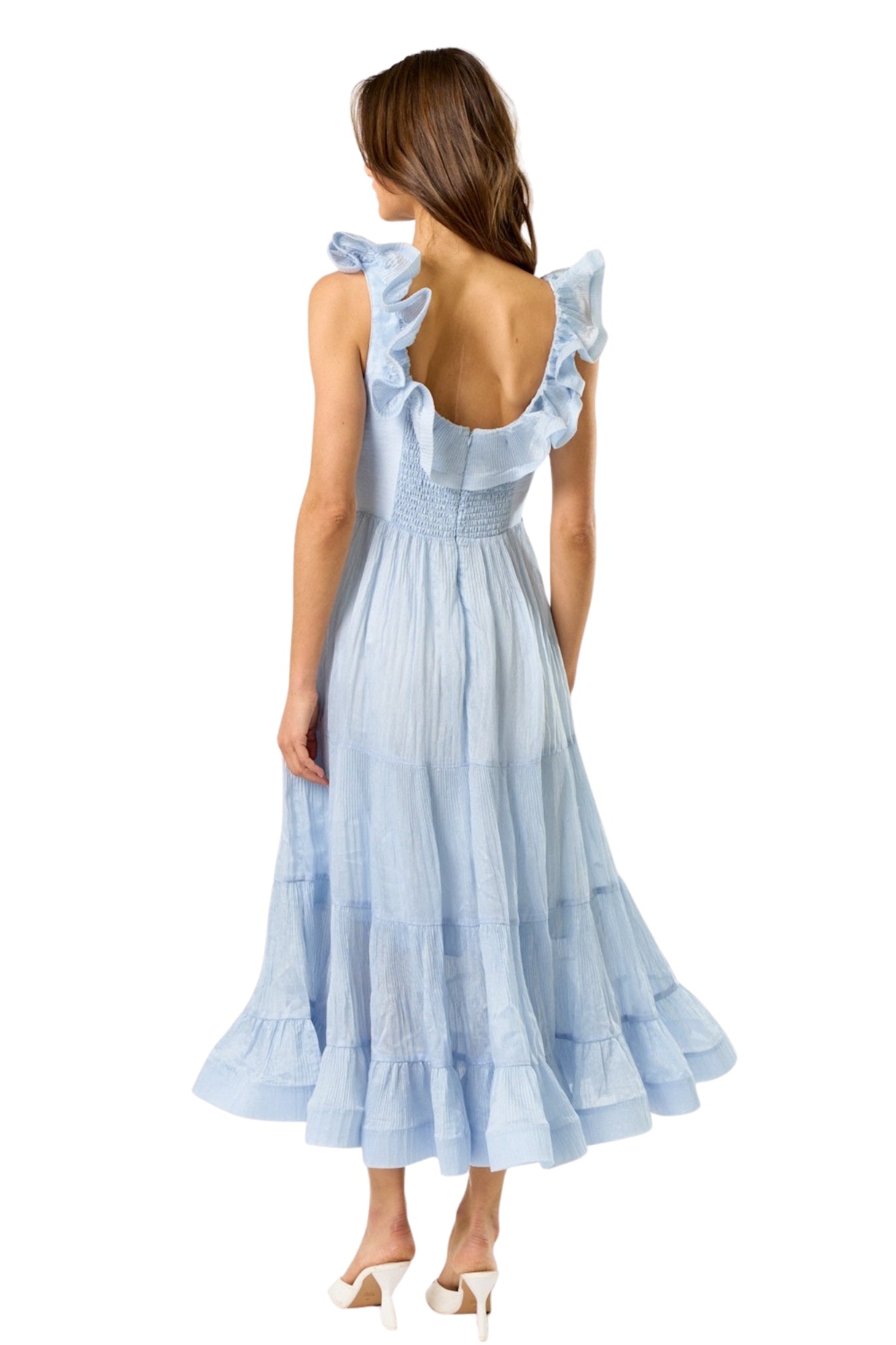 RUFFLE V-NECK SLEEVELESS MIDI DRESS