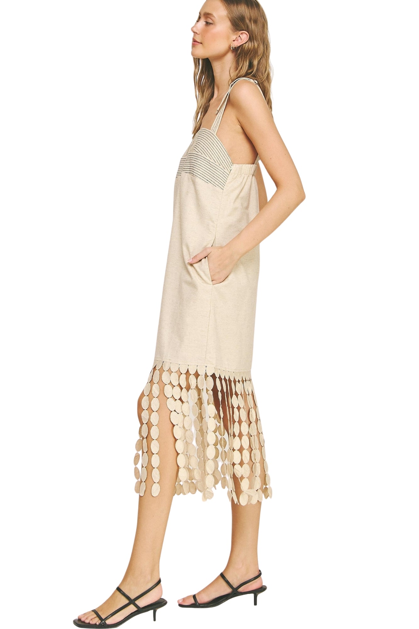 DOTTED LACE FRINGE LINEN MIDI DRESS