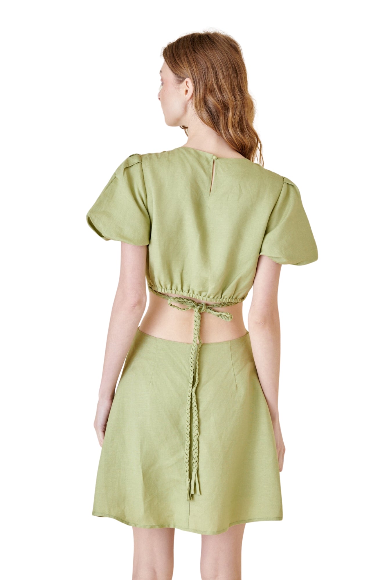 PUFF SLEEEVE CUTOUT MIDRIFF BRAIDED MINI DRESS
