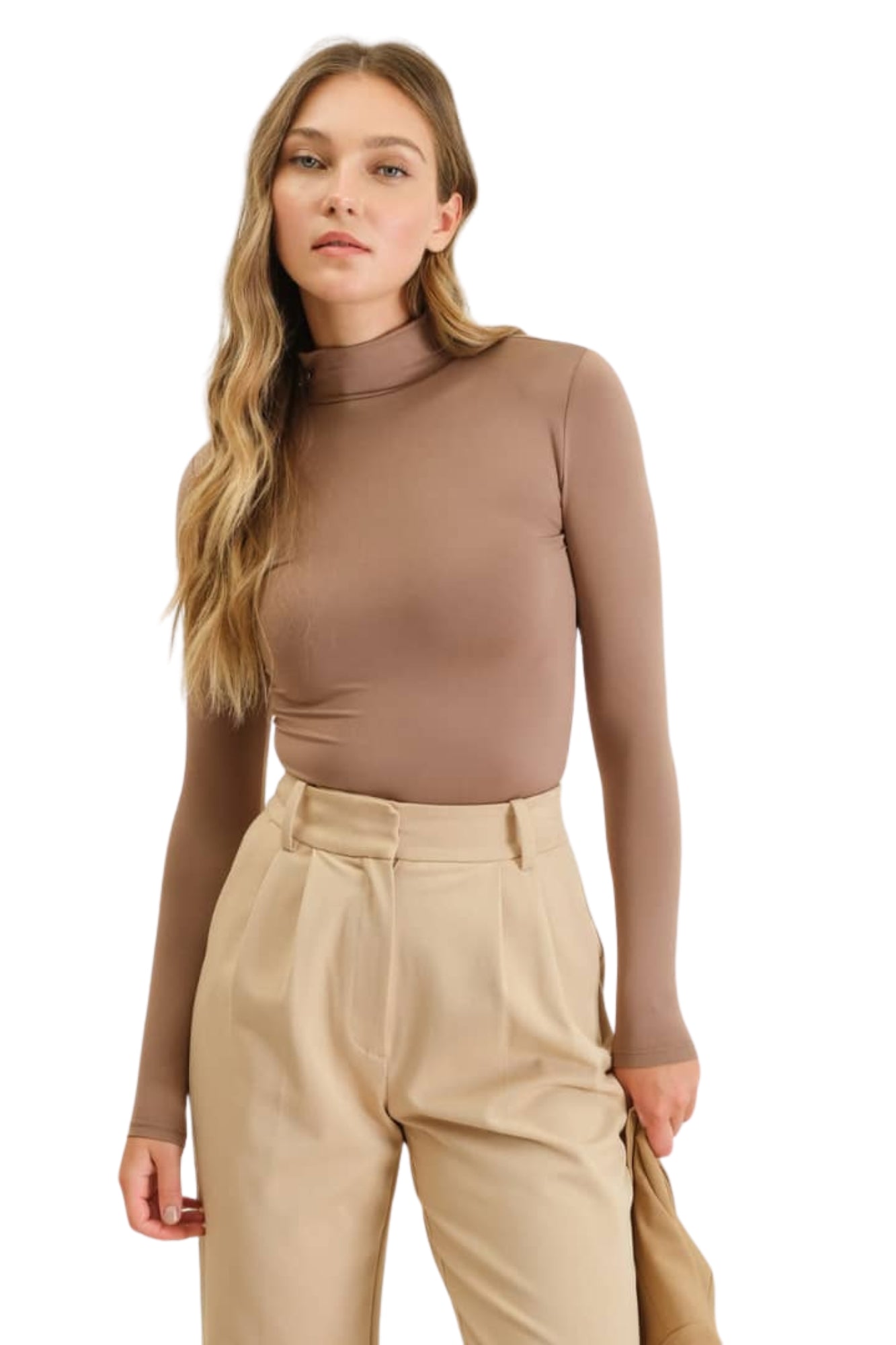 MOCK NECK LONG SLEEVE KNIT TOP - DEEP TAUPE