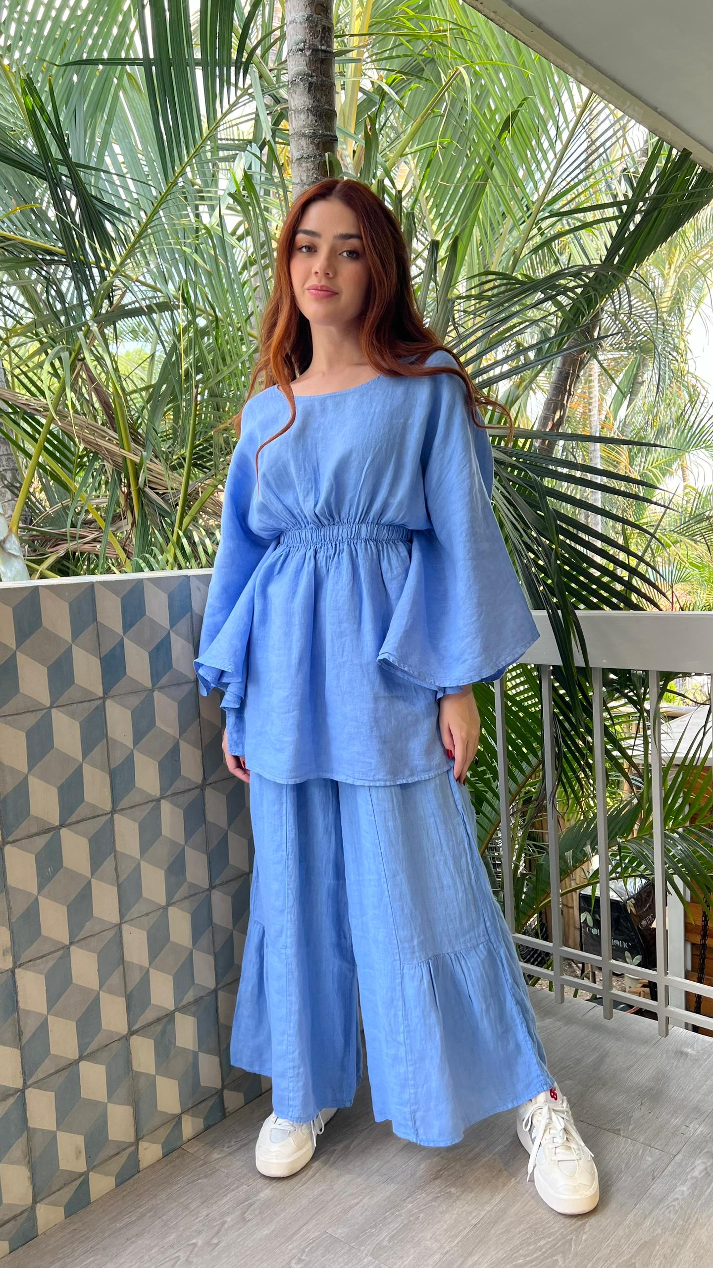 BATWING SHIRT & PANTS LINEN SET - DARK BLUE