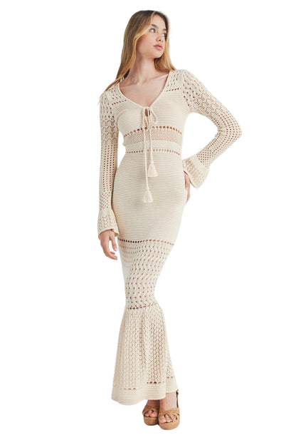BELL SLEEVE KNIT CROCHET MAXI DRESS