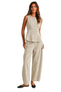 STRIPE SLEEVELESS PEPLUM TOP AND BARREL PANTS