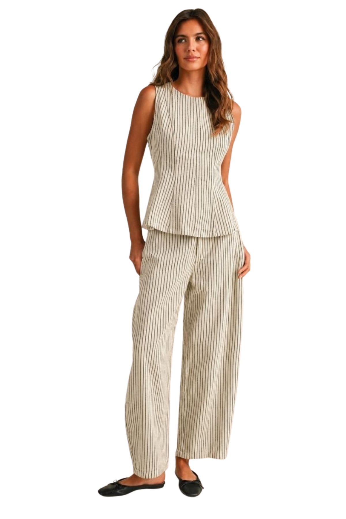 STRIPE SLEEVELESS PEPLUM TOP AND BARREL PANTS