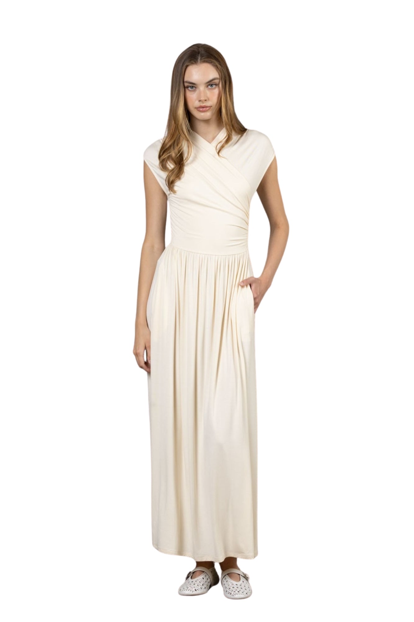 KNIT OVERLAP SHIRRED MAXI DRESS