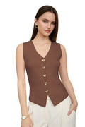 SEAMLESS GOLD BUTTON DOWN KNIT CARDIGAN VEST - BROWN
