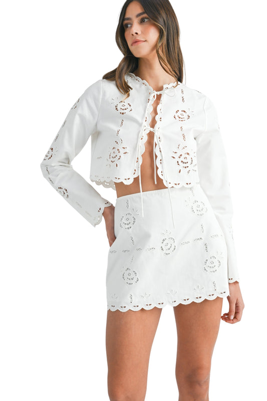 CUTOUT EMBROIDERED JACKET & SKIRT SET