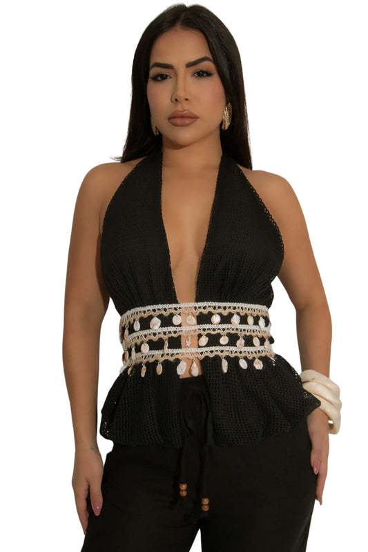 CROCHET SHELL STRING HALTER TOP