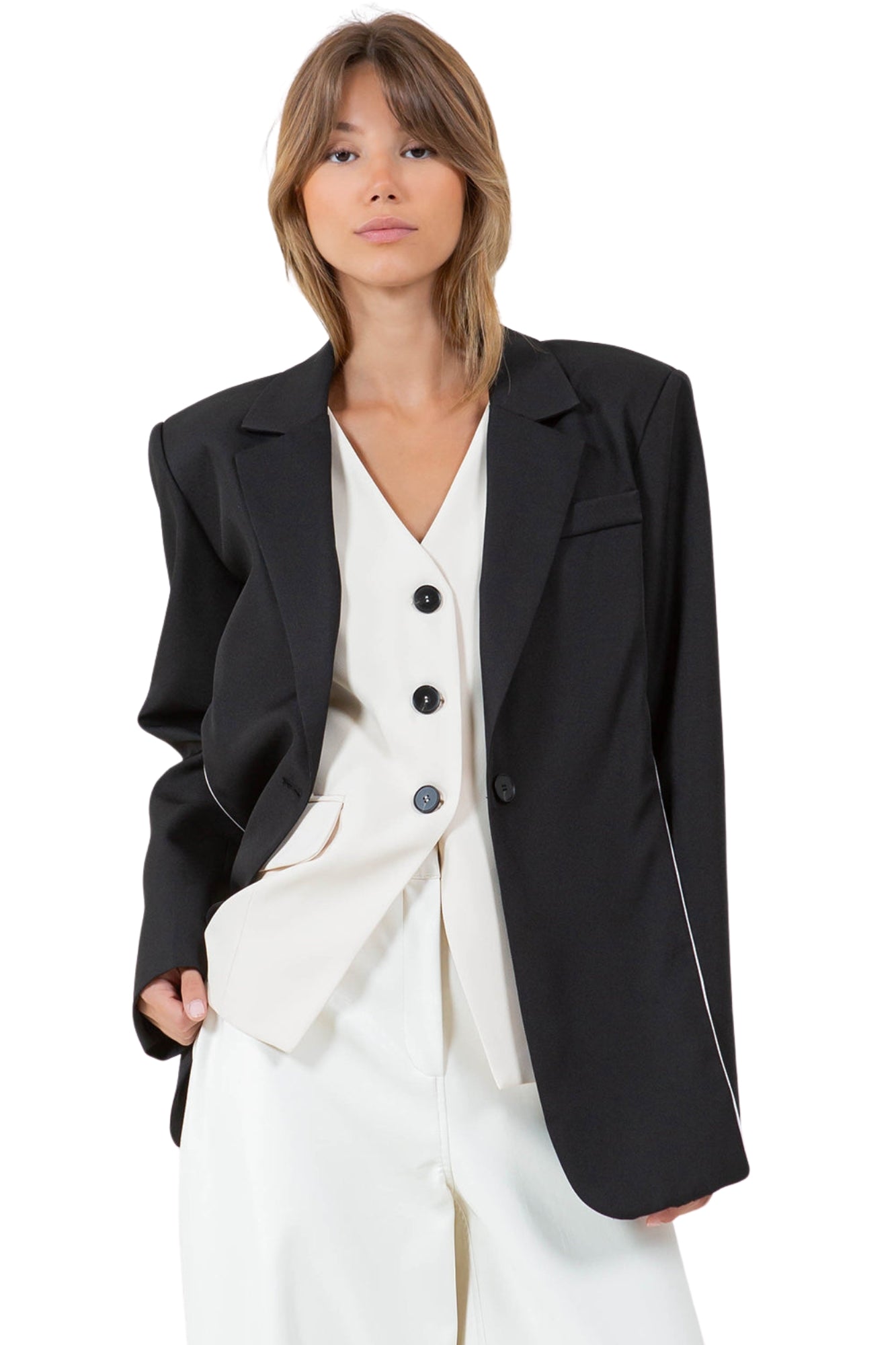 COMBINED CONTRASTED VEST & BLAZER - BLACK / IVORY