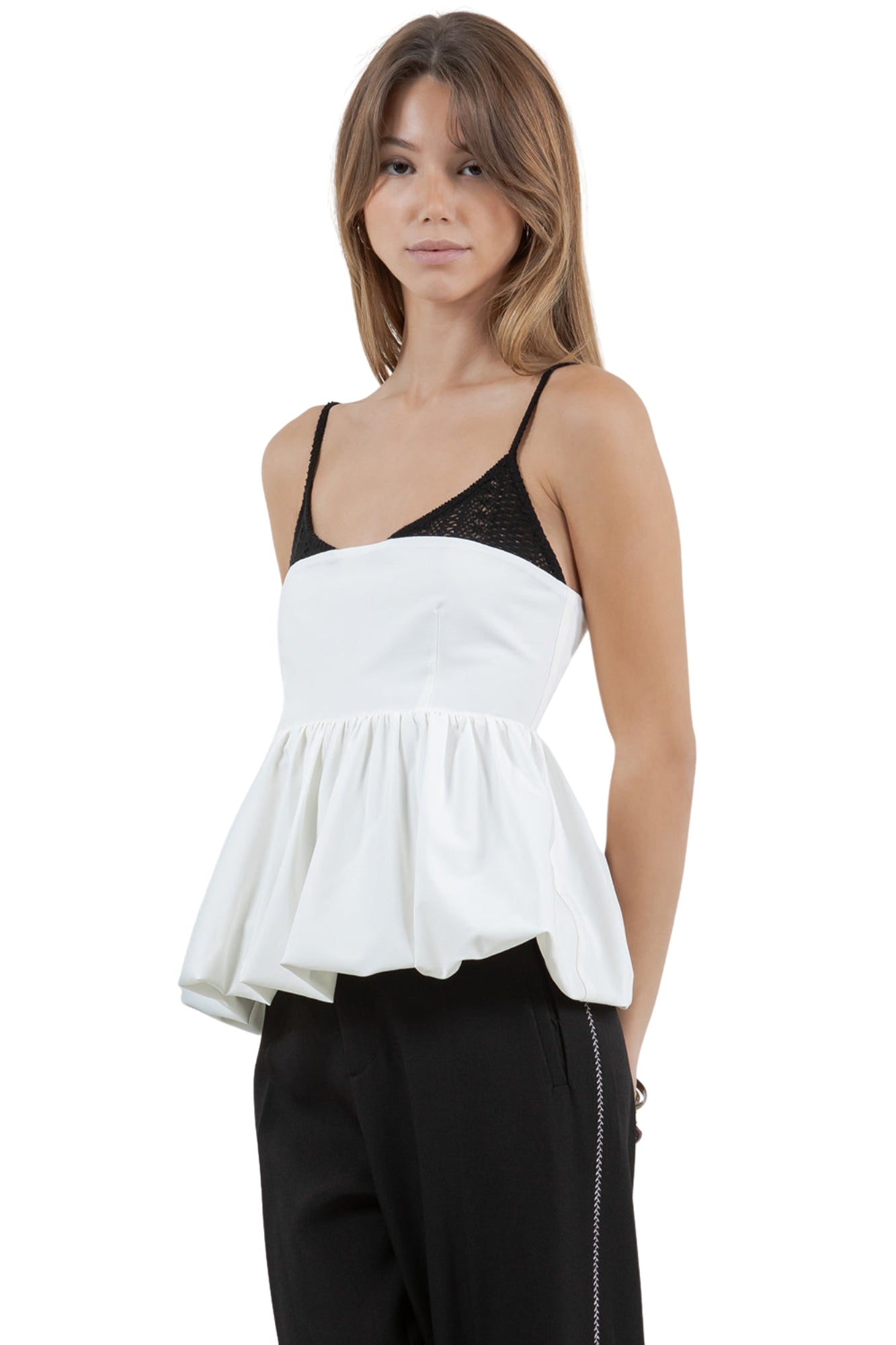 CROCHET WOVEN MIX PEPLUM TANK TOP