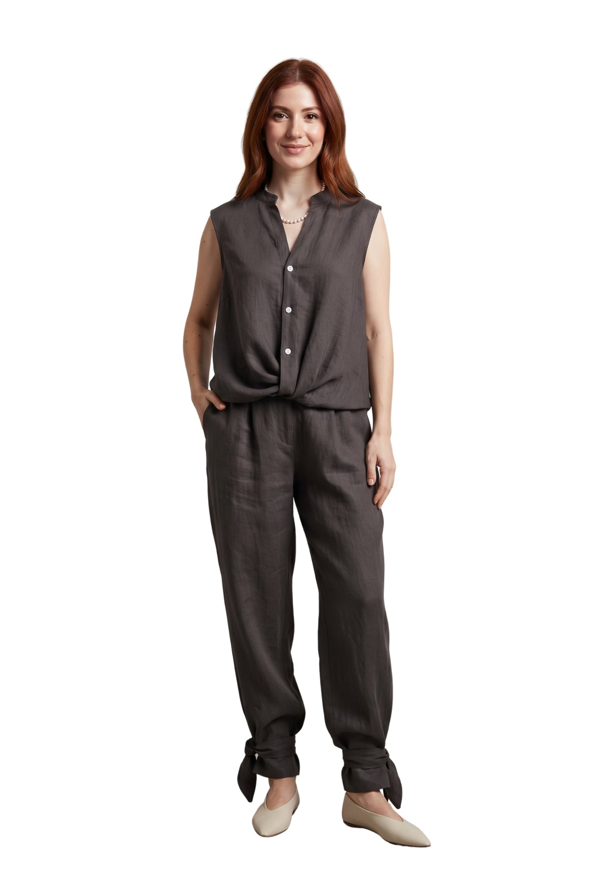 LINEN BOW PANTS SET - BROWN