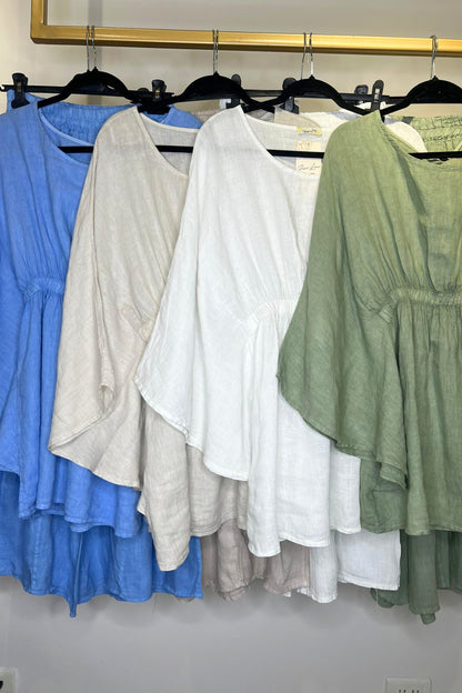 BATWING SHIRT & PANTS LINEN SET - WHITE