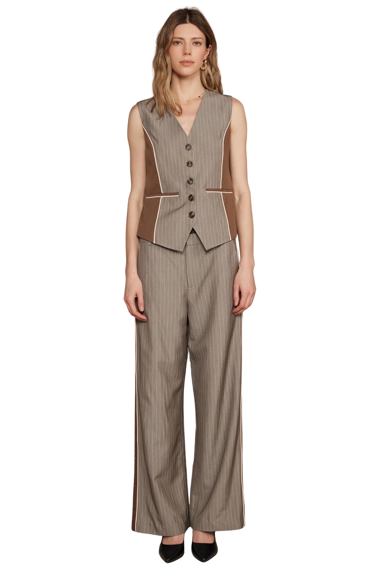 PINSTRIPE MIXED MEDIA VEST & PANTS SET