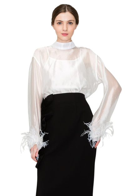 HIGH NECK LONG SLEEVE SHEER FEATHER TRIMMED BLOUSE