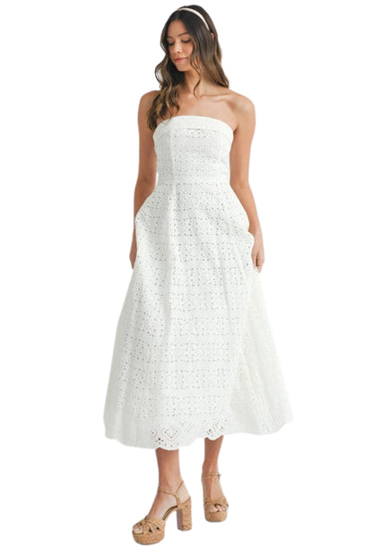 EYELET TUBE FIT AND FLARE MIDI DRESS