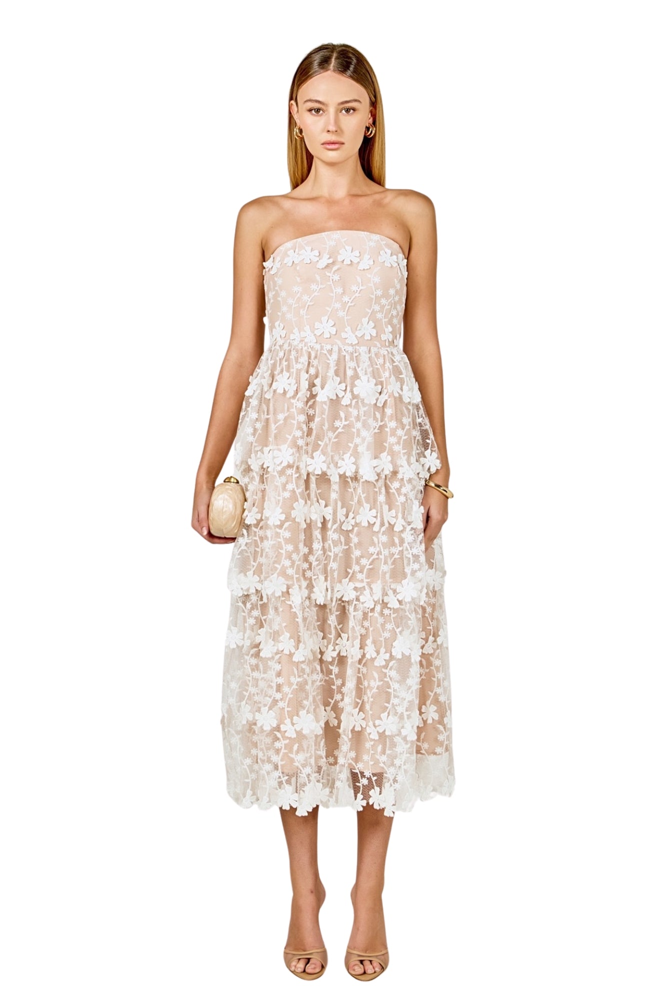 STRAPLESS CROCHET LAYERED MIDI DRESS
