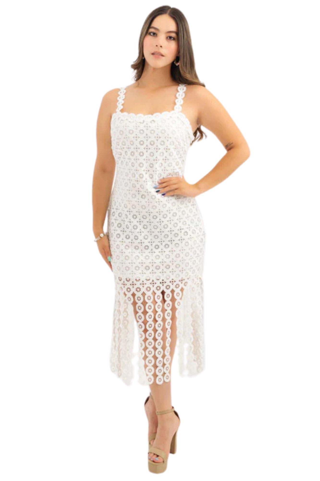 EYELET LACE FRINGE MIDI DRESS