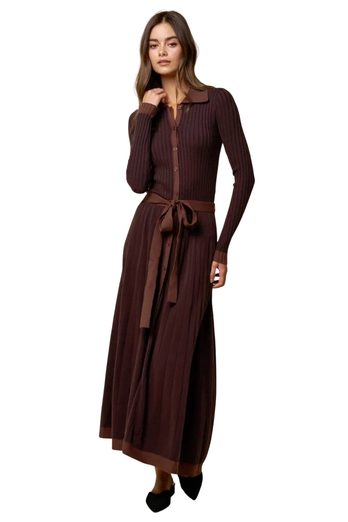 COLLARED BELTED RIBBED KNIT MIDI DRESS
