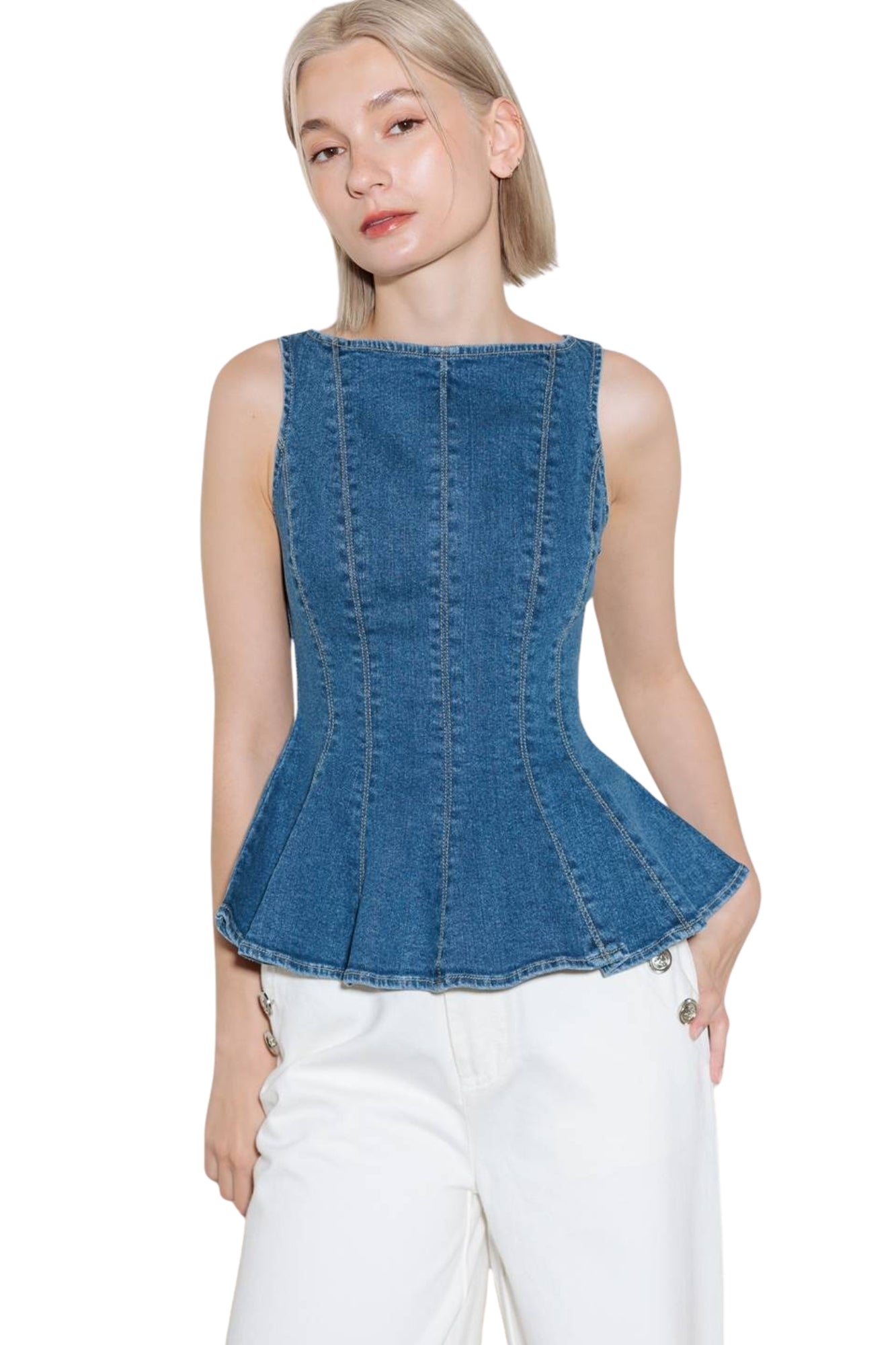 WASHED DENIM PEPLUM TOP