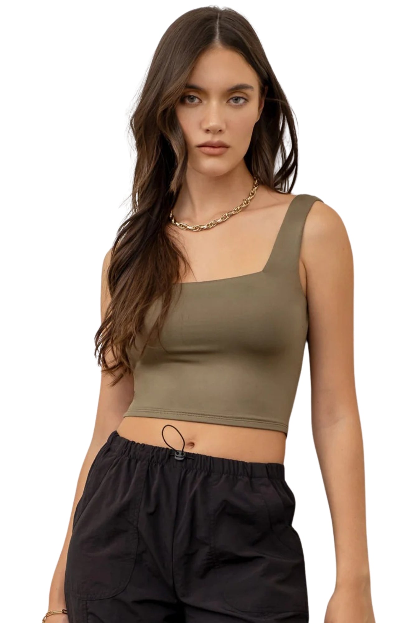 REVERSIBLE CROPPED SQUARE NECK TANK - LIGHT OLIVE
