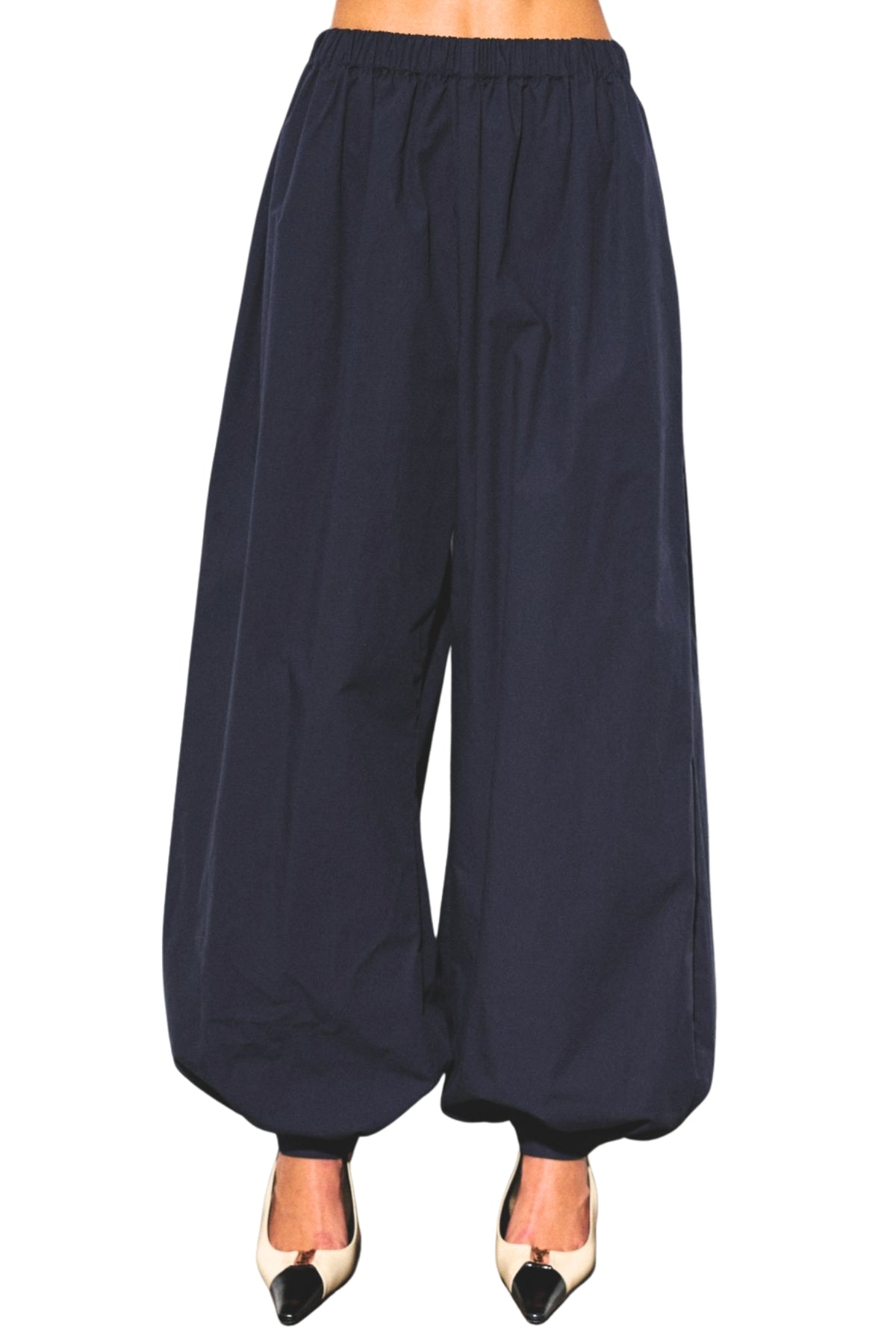 WOVEN DRAPED BALLOON HAREM PANTS - NAVY