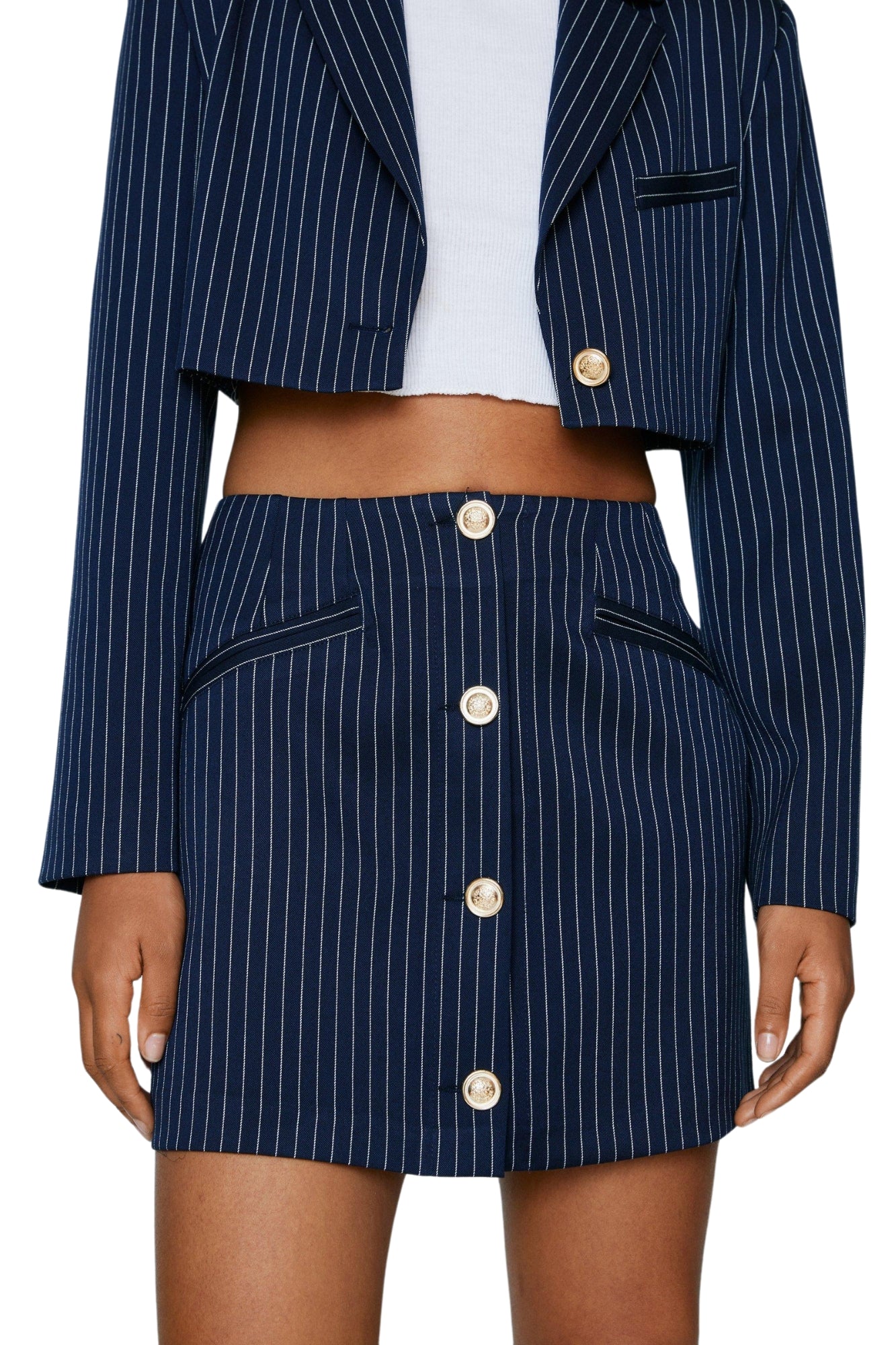 NAVY PINSTRIPE TAILORED MINI SKIRT