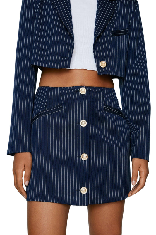 NAVY PINSTRIPE TAILORED MINI SKIRT