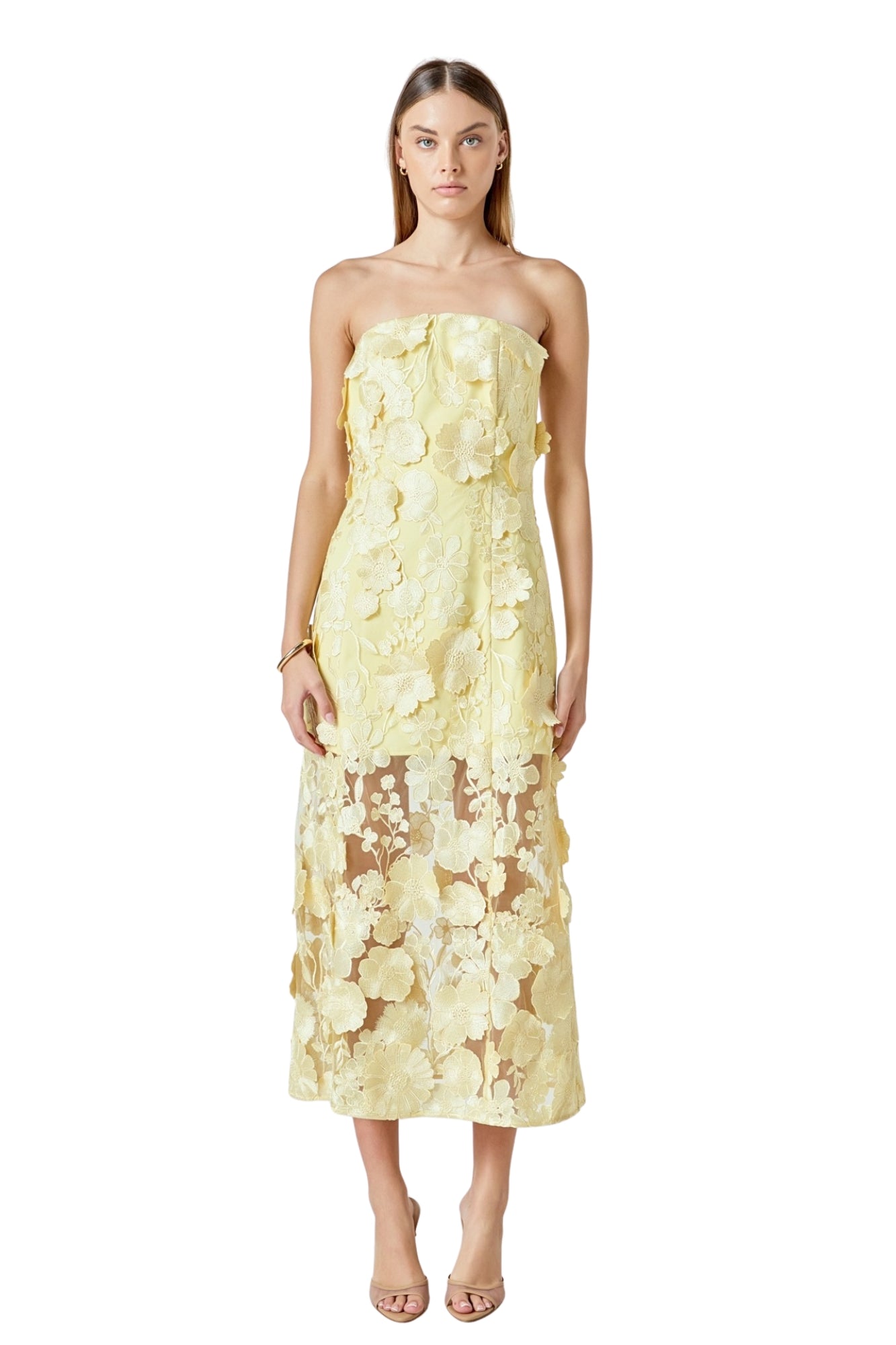 STRAPLESS FLORAL EMBROIDERED MAXI DRESS