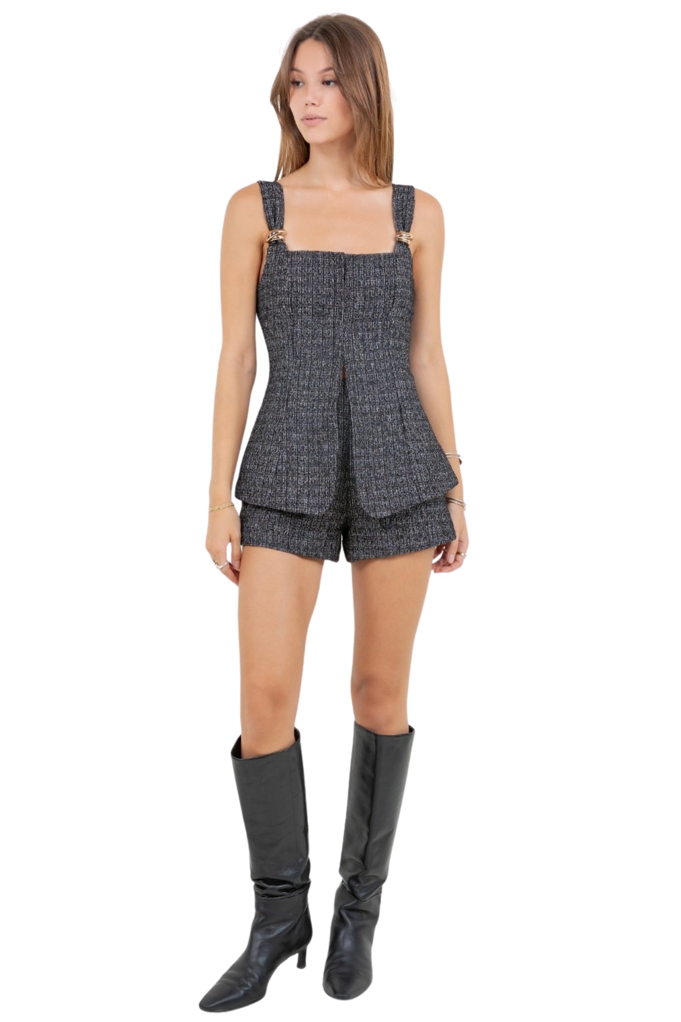 METAL TRIM CORSET TWEED TOP & SHORTS SET - BLACK