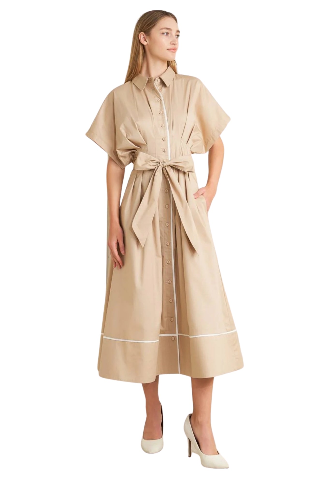 CATCH YOU LATER KHAKI WOVEN MIDI DRESS