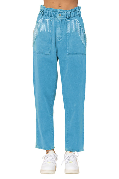 RHINESTONE PAPERBAG DENIM PANTS - BLUE