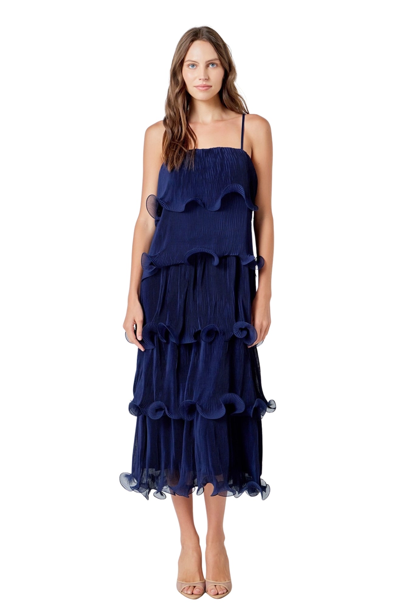 PLEATED TIERED MIDI DRESS