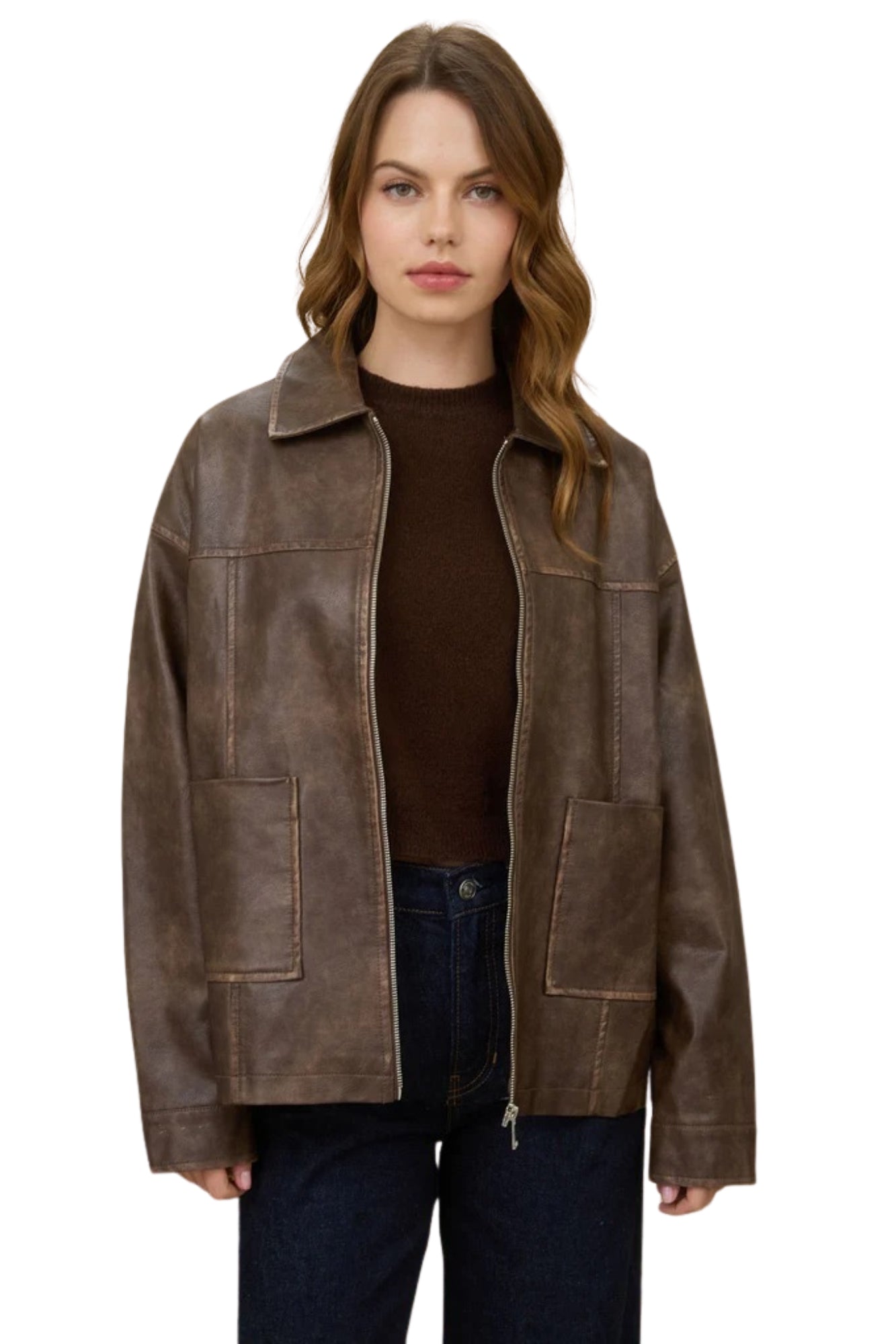WASHED FAUX LEATHER OVERSIZE JACKET