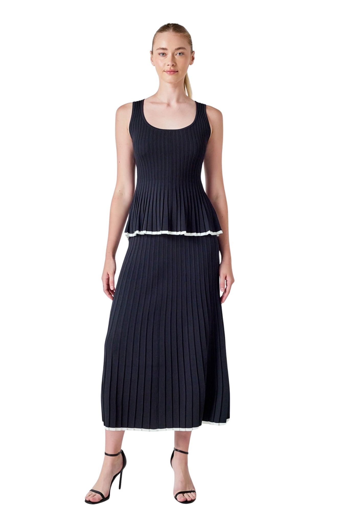 KNIT PLEATED SLEEVELES TOP & MIDI SKIRT SET