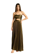 PLEATED SATIN LACE UP BACK MAXI DRESS