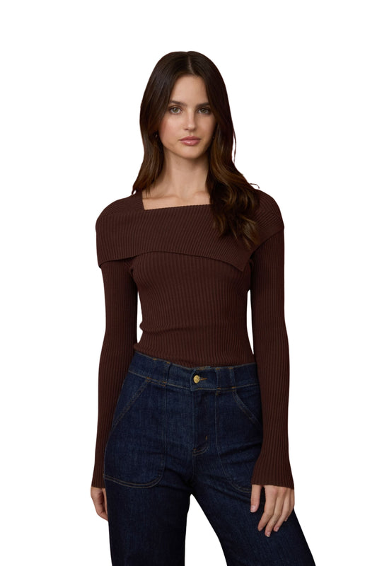 ASYMMETRICAL FOLD OVER SWEATER - BROWN