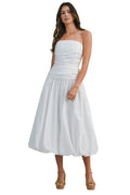 STRAPLESS RUCHED BODICE DROPPED WAIST BUBBLE HEM MIDI DRESS