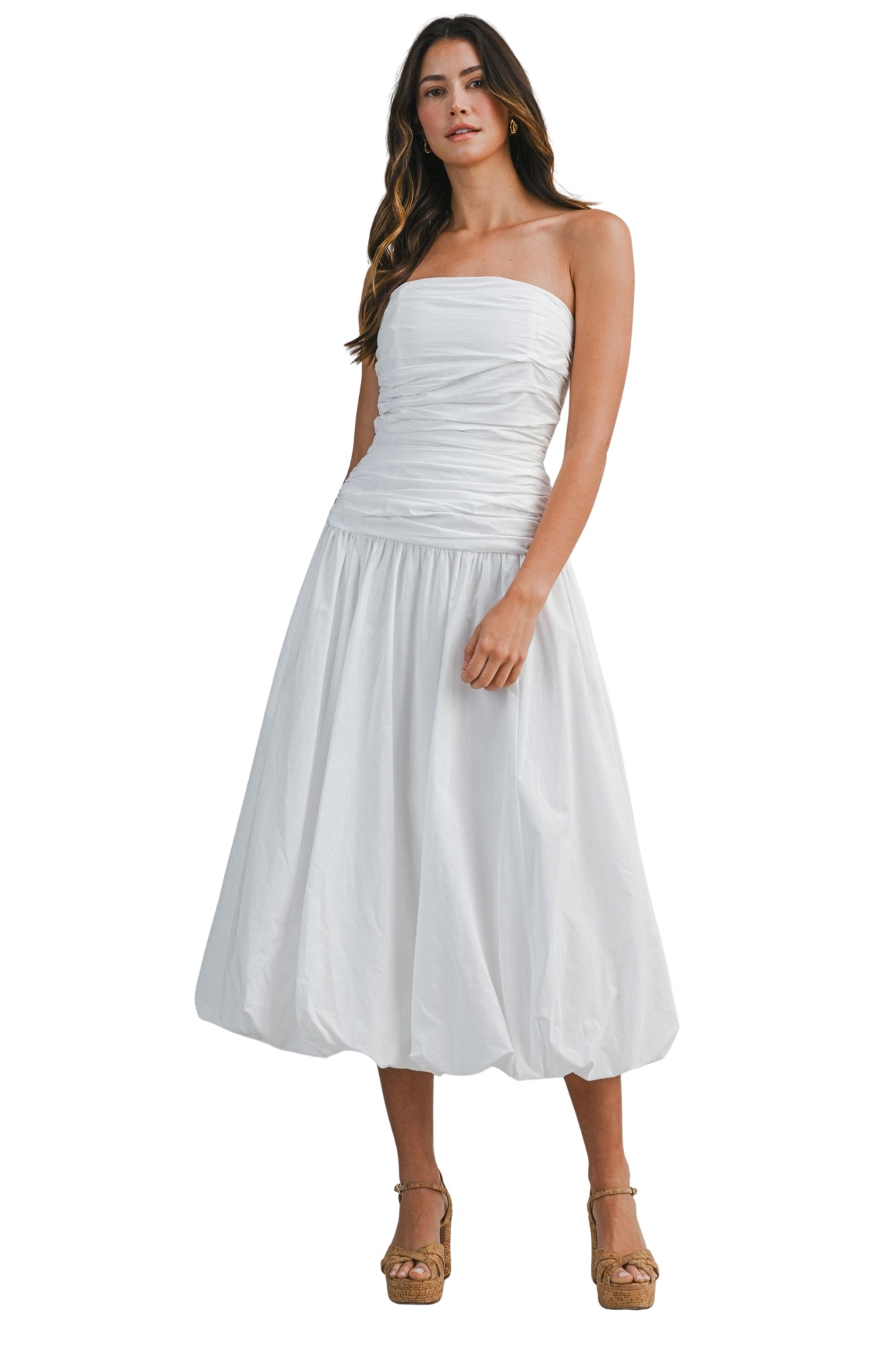 STRAPLESS RUCHED BODICE DROPPED WAIST BUBBLE HEM MIDI DRESS