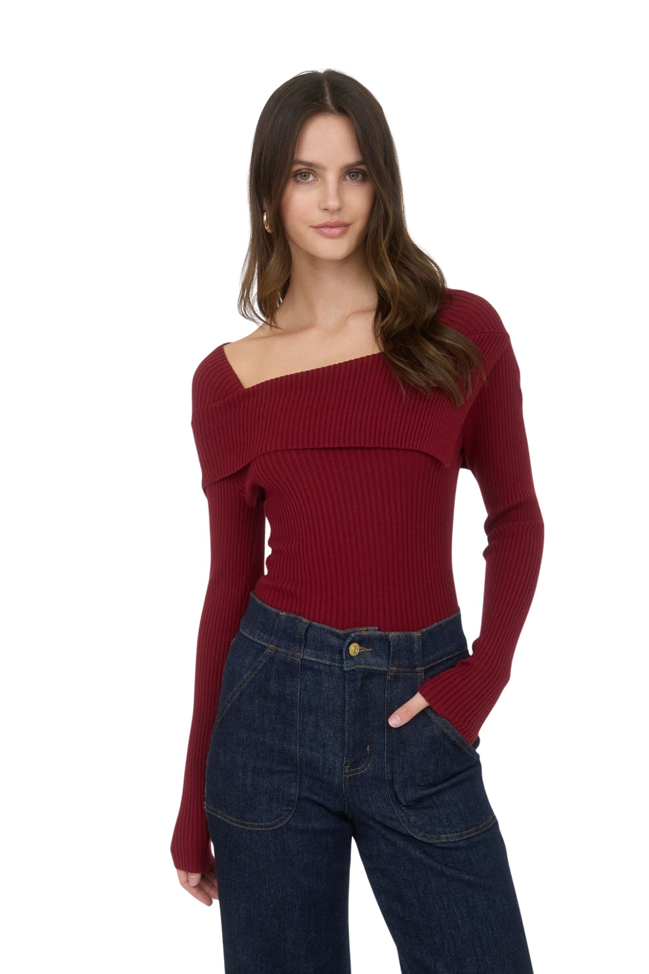 ASYMMETRICAL FOLD OVER SWEATER - RED