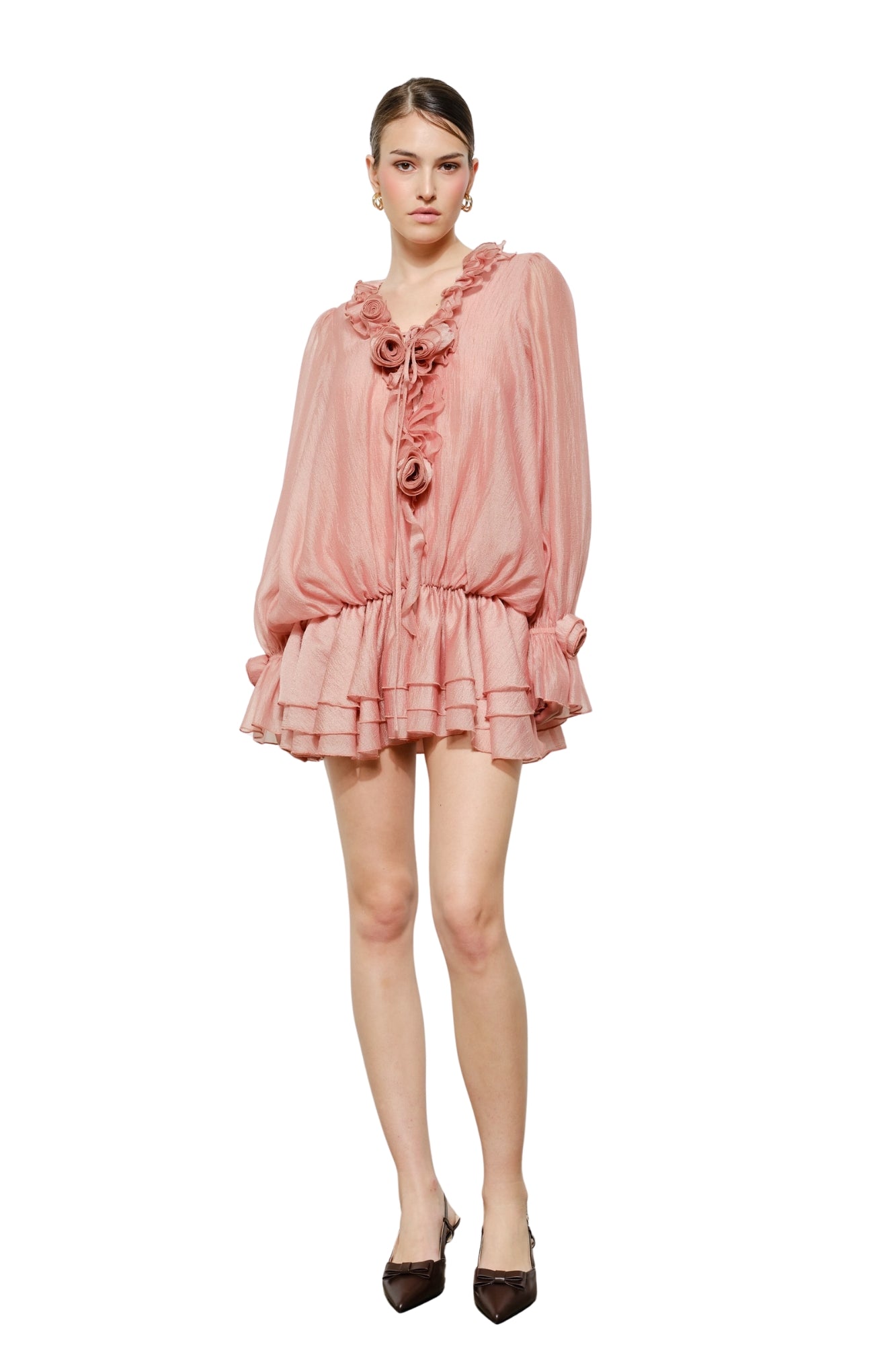 ROMANTIC 3D FLORAL ROSETTE RUFFLE MINI DRESS