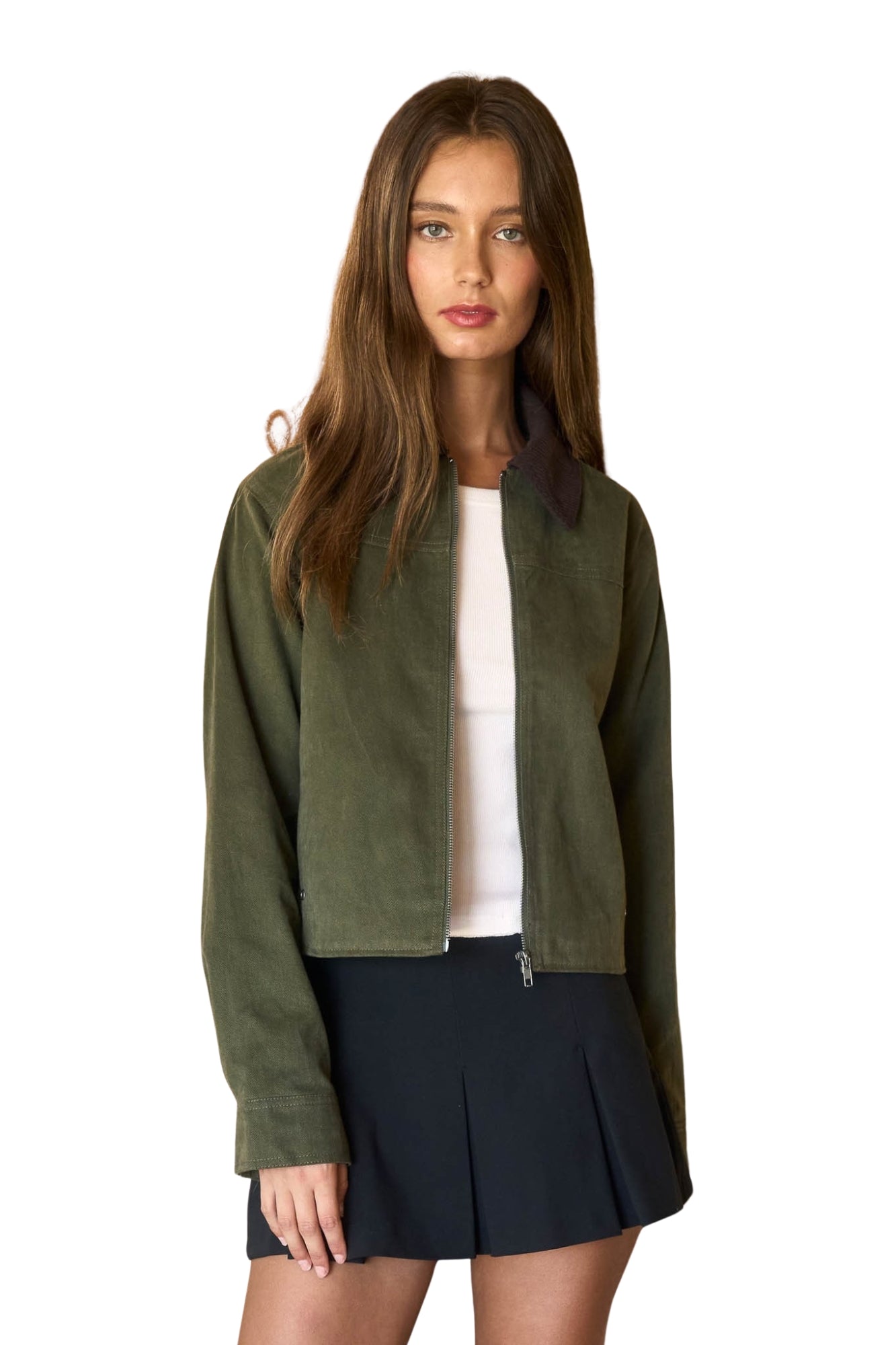 CONTRAST CORDUROY COLLAR ZIP UP JACKET