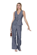 V-NECK VEST & STRAIGHT LEG PANTS LINEN SET - DENIM